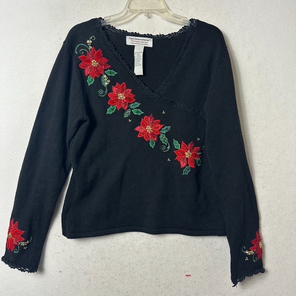 Tiara Intl Bead & Sequin Poinsettia Knit‎ Christmas Cardigan Sweater Size Medium